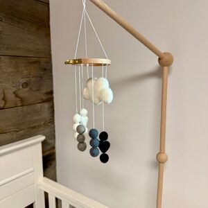 Handmade Mini Baby Mobile- Felt Cloud with Black Rain Shower and Heart Poms